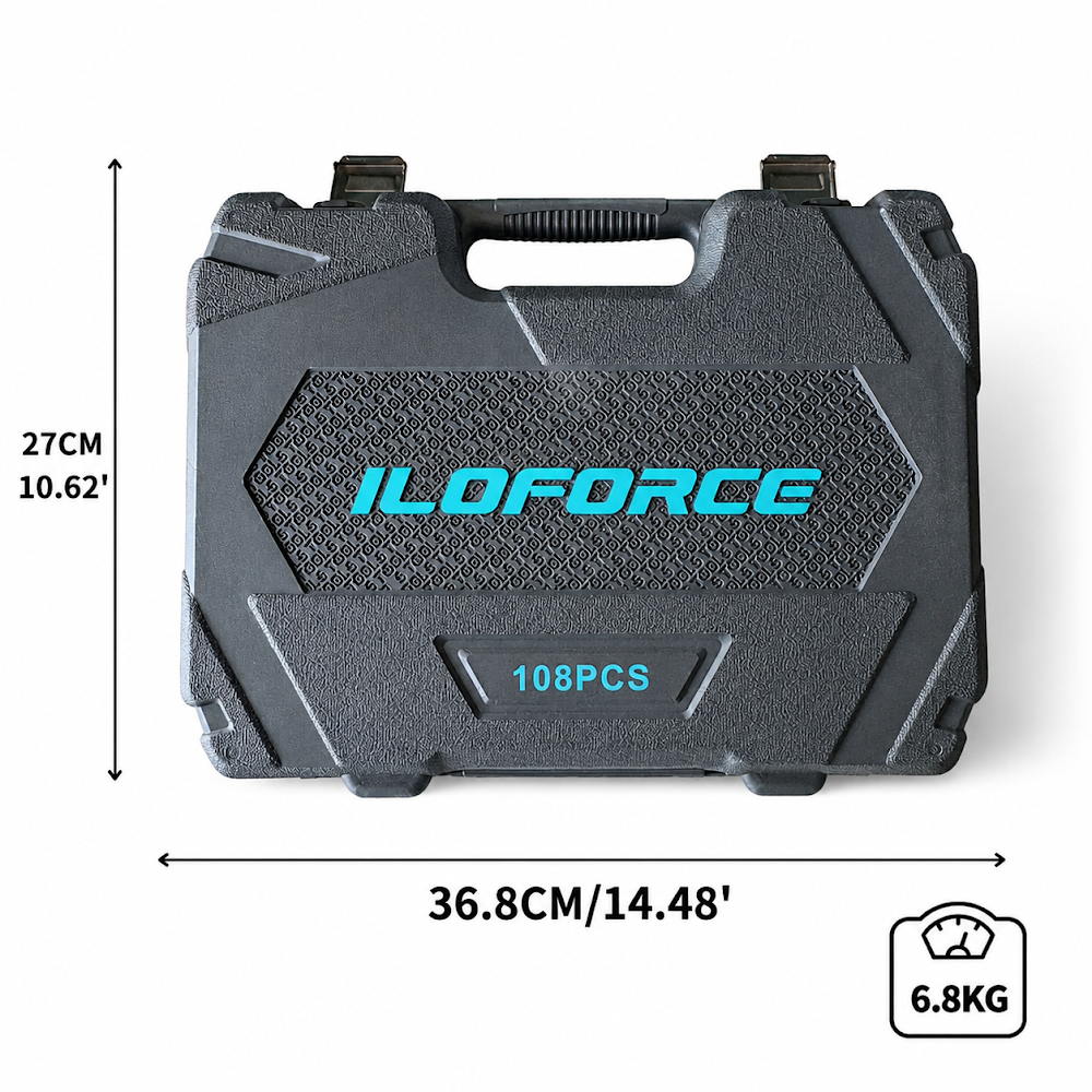 Başlıq Açar Dəsti, ILO FORCE, UANABI108, 6 guşəli, Cırcır 1/4 və 1/2 düym, 108 parça